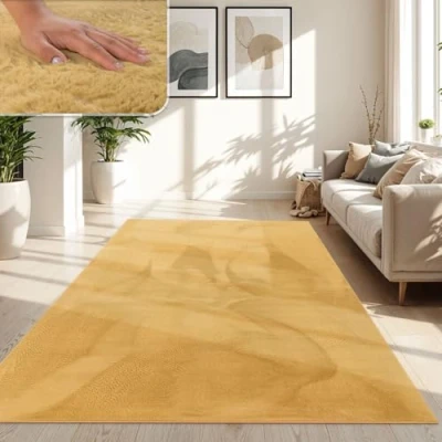 Abbildung von TT Home Wohnzimmer Teppich Hochflor Langflor Kunstfell Weich Modern Unifarben Flauschig, Farbe: Gelb, Größe:160x220 cm