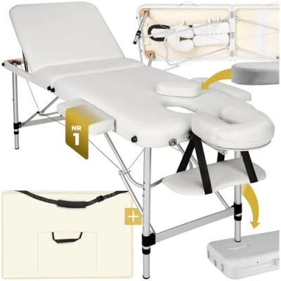 Abbildung von tectake Massageliege 3 Zonen, Massagetisch, klappbar, höhenverstellbare Aluminium Massageliege, Massagebett tragbar inkl. Zubehör, Alu Kopfstütze, Armlehne und Tragetasche weiß