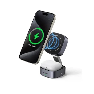 Abbildung von UGREEN W702 3in1 induktives Ladegerät mit MagSafe/Qi2 und USB C Anschluss Ladestation