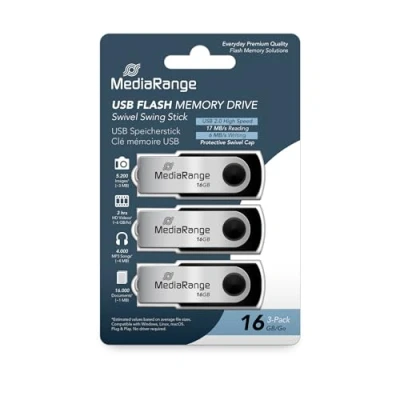Abbildung von Mediarange USB Stick 16GB Speicherstick Swivel Swing silber 3er Pack