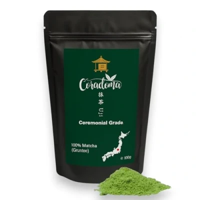 Abbildung von Matcha Ceremonial Grade aus Japan 100% Natürliches Pulver, handgemahlen Erster Ernte, Original Japanischer Grüntee im 100g Beutel Reine Qualität und Traditionell
