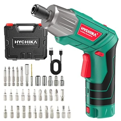 Abbildung von HYCHIKA Akkuschrauber, 6N·m Drehmoment 2000mAh 3,6V Akku mit 35 Zubehörteilen, LED Licht und Taschenlampe, Bohrschrauber USB Kabel Aufbewahrungsbox