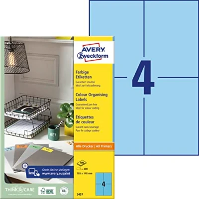 Abbildung von AVERY Zweckform 3457 Blaue Etiketten (400 Aufkleber, 105x148mm auf A4, permanent haftend, selbstklebende Farbetiketten, Papier matt, bedruckbare, farbige Klebeetiketten) 100 Blatt