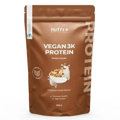 Abbildung von Nutri + Vegan Proteinpulver Cinnamon Cereal 1 kg 3k Eiweißshake Veganes Eiweißpulver ohne Laktose Protein Powder Proteinkomplex Zimt Cerealien