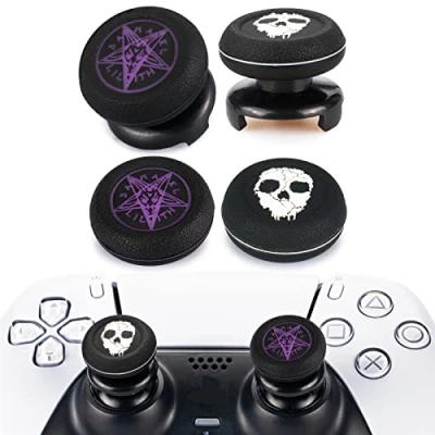 Abbildung von Playrealm FPS Thumbstick Extender &amp; 3D Textur Gummi Silikon Griffabdeckung Thumb Grip Aufsätze 4 für PS5 Dualsenese PS4 Controller(Geist Weiß+Teufel Lila)
