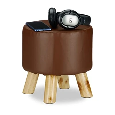 Abbildung von Relaxdays Hocker Kunstleder, gepolstert, 4 Holzbeine, Flacher Fußhocker, runder Dekohocker, H x D: 30 cm, braun