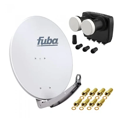 Abbildung von HD Digital Sat Anlage 2 Satelliten Astra/Hotbird 4 Teilnehmer Fuba DAA780G Schüssel 78cm hellgrau + DUR line MB6 QS Monoblock Quad LNB 6 (DVB S2, HDTV, 4K/8K, 3D) 8xF Stecker vergoldet