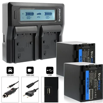 Abbildung von Blumax 2X Akku NP FH100 2400mAh + Doppelladegerät Dual Charger passend zu diversen Sony Kameras 2 Akkus gleichzeitig Laden