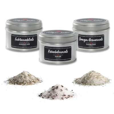 Abbildung von Allgäu Salze® Salz Set zum kochen &amp; würzen 3er 90g Kakaobohnensalz Fichtennadelsalz Orangenrosmarinsalz Geschenk für Feinschmecker