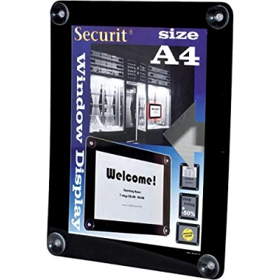 Abbildung von Securit Fenster Plakatrahmen, DIN A4, Befestigung mit 4 Saugnäpfen, UV und witterungsbeständig, ideal für Werbung, Angebote Preislisten, 36 x 27,1 0,2 cm