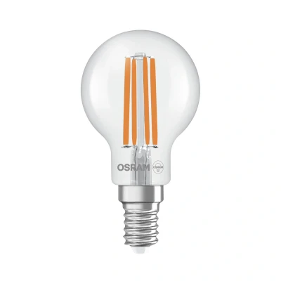 Abbildung von OSRAM Energy Class LED Lampe in klassischer Miniballform, 2.2 W / 470 lm, EEK A, warmweißes Licht (2700 K), CRI 80, aus klarfarbenem bleifreiem Glas, E14 Sockel, IP20, 45 mm Durchmesser.