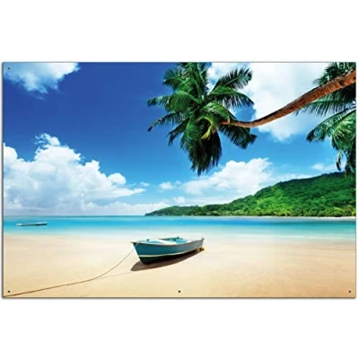 Abbildung von Wallario Outdoor Poster für Garten oder Balkon Urlaub am Palmenstrand unter Palmen mit Fischerboot, Motivbanner Größe: ca. 60 x 90 cm, Bild