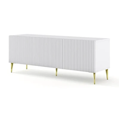 Abbildung von BIM Furniture TV Schrank Ravenna B 150 cm 3D mit gefräster Front Hochwertiges MDF Metallbeine Lowboard Sideboard Kommode Fernsehtisch (Weiße Matte, goldene Beine)