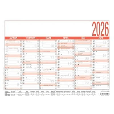 Abbildung von Arbeitstagekalender 2026 A4 (29,7 x 21 cm) 6 Monate auf 1 Seite Tafelkalender Plakatkalender Jahresplaner 907 0000