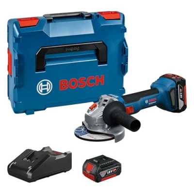 Abbildung von Bosch Professional 18V System Akku Winkelschleifer GWS 8 (Scheibendurchmesser 125 mm, inkl. 2x GBA 4.0Ah, Ladegerät GAL 40, L BOXX)