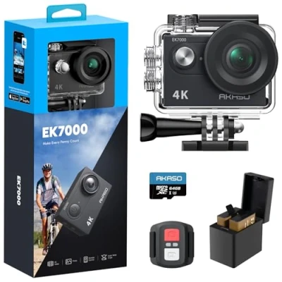 Abbildung von AKASO EK7000 Action Cam 4K30FPS mit 64GB microSDXC Speicherkarte Unterwasserkamera 170Ultra Weitwinkel Full HD Sportcamera 2 Zoll LCD Bildschirm 2.4G Fernbedienung