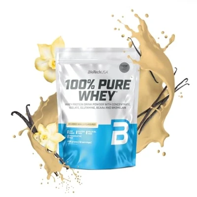 Abbildung von BioTechUSA 100% Pure Whey Proteinpulver mit BCAA und Glutamin Glutenfrei, Palmölfrei 21g Protein pro Portion, 454 g, Bourbonvanille