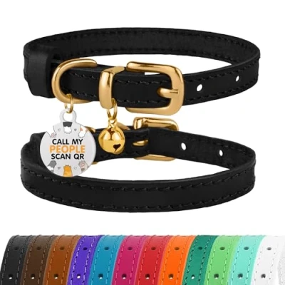 Abbildung von BRONZEDOG Katzenhalsband aus Leder mit Glöckchen, Nicht abreißbar, QR Tag für Mädchen und Jungen (Schwarz Gold, 18 23 cm)