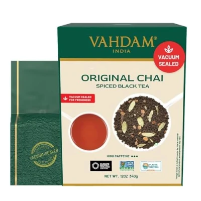 Abbildung von VAHDAM, Original Chai Spiced Black Tea (340g) Mischung Aus Schwarzer Tee, Zimt, Kardamom, Nelken Und Schwarzem Pfeffer Gewürzter Tee Brühen Latte