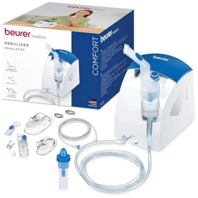 Abbildung von Beurer Inhalator IH 26 und Nasenspülung mit Kompressor: zur Behandlung von Atemwegserkrankungen wie Erkältungen Bronchitis, White, 1 Stück (1er Pack)