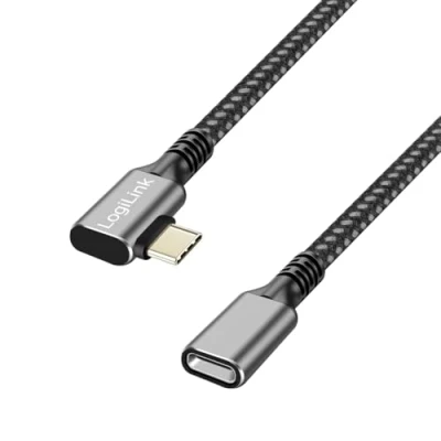 Abbildung von Logilink CUA0110 USB 3.2 Gen2 Typ C Verlängerungskabel mit PD Unterstützung (PowerDelivery), Stecker 90 gewinkelt, Farbe: Schwarz/Grau, Kabellänge: 0,5m
