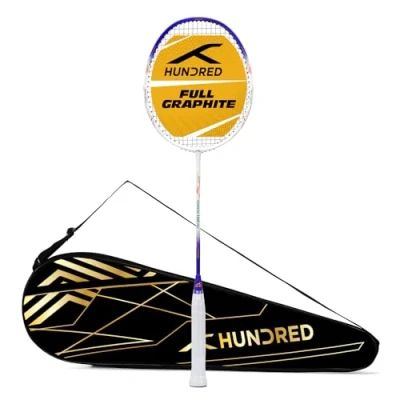 Abbildung von HUNDRED Powertek 1000 PRO Graphite Strung Badminton Racket with Full Cover (White/Blue) for Intermediate Players 95 Grams Maximum String Tension 26lbs