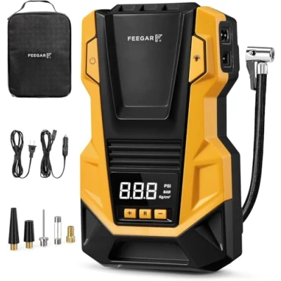 Abbildung von Feegar Kompressor Auto 12V DC/230V AC Duale Stromquellen,Metallzylinder, Hochdruck bis zu 10,3 bar, max. Luftdurchsatz von 36 L/min, Multifunktionaler Luftkompressor für Fahrrad, Auto, Schlauchboote,