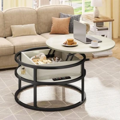 Abbildung von DWVO Couchtisch für Wohnzimmertisch Höhenverstellbar, Runder Eiche 80X80X47cm, mit Verstecktem Fach, modern, Kleiner Robuster Metallrahmen
