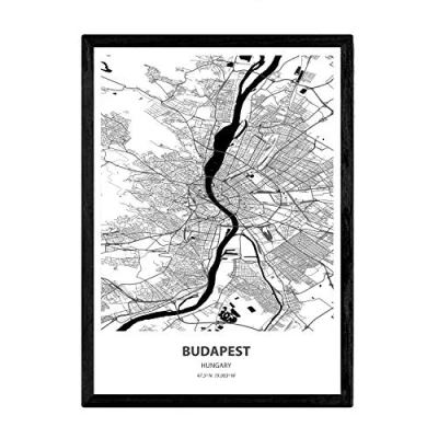 Abbildung von Nacnic Poster mit Karte von Budapest Ungarn. Blätter Städte in Europa Meeren und Flüssen schwarz weiß. A3