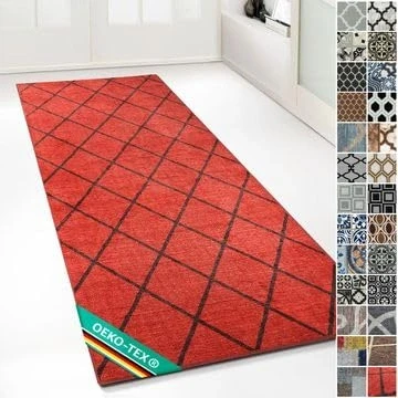 Abbildung von Floordirekt Teppichläufer mit Muster maßgefertigter Feinschlingen Teppich Läufer für Küche, Flur &amp; Wohnraum Ornament Vintage Orient Gitter (80 x 150 cm, Cosenza Rot)