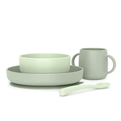 Abbildung von Suavinex, Kindergeschirr Set, Baby Essensset, Silikongeschirr, Kinderteller mit Saugnapf. Teller + Schüssel Löffel Tasse. Lebensmittelgerechtes Silikon, Spülmaschinenfest, Mikrowellengeeignet Grün