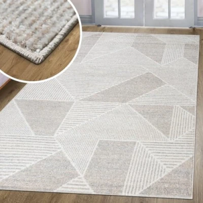 Abbildung von oKu Tex Teppich Wohnzimmer Harmonia Wohnzimmerteppich modernes Muster geometrisch Dreieck Hoch Tief Effekt Beige 80 x 150 cm