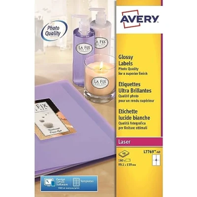 Abbildung von AVERY Zweckform L7769 40 Hochglanz Etiketten (160 Glossy Aufkleber, 99,1x139mm auf A4, selbstklebend, bedruckbar, hochglänzendes Papier zur Produktkennzeichnung, für Laser Drucker) Blatt, weiß