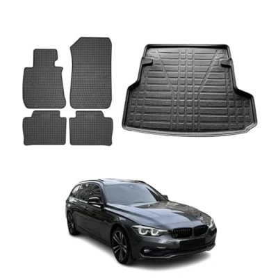 Abbildung von OMAC Fußmatten &amp; Kofferraumwanne Set kompatibel mit BMW 3er F31 2014 2019 Gummi TPE Schwarz 5X