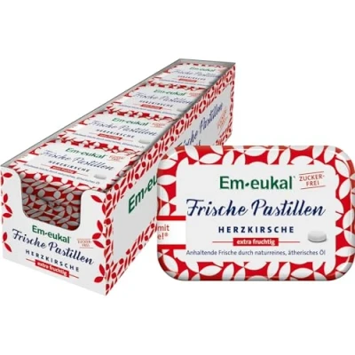 Abbildung von Em eukal Frische Pastillen Herzkirsche in der Sommer Edition, extra fruchtig, Zuckerfrei, Anhaltende durch naturreines &amp; ätherisches Öl, 12x20 g