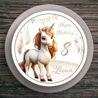 Abbildung von Tortenaufleger Geburtstag Einhorn #3 Name &amp; Zahl (20cm) Fondant Papier
