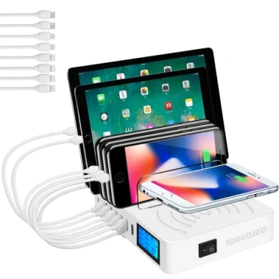 Abbildung von Ladestation mit Schalter, PD20W QC3.0 Schnellladegerät, 8 Ports 1 Induktionsladung, kabellos, Desktop Ladegerät für Handy, Kompatibel iPhone, ipad, Samsung, Kabel inklusive, Weiß