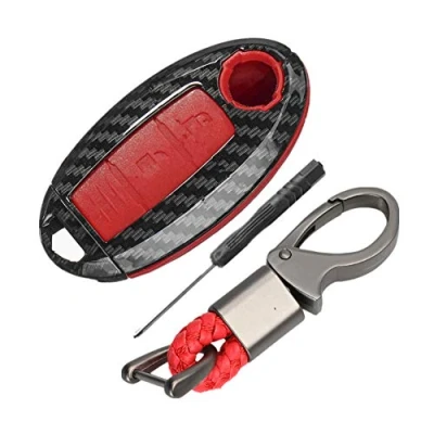 Abbildung von Happyit ABS Kohlefaser Shell + silikon autoschlüssel Abdeckung Fall Keychain für Nissan 350z Qashqai j10 j11 x Trail t31 t32 Kick tiida Pathfinder Murano Hinweis Juke 3 Tasten (Rot)