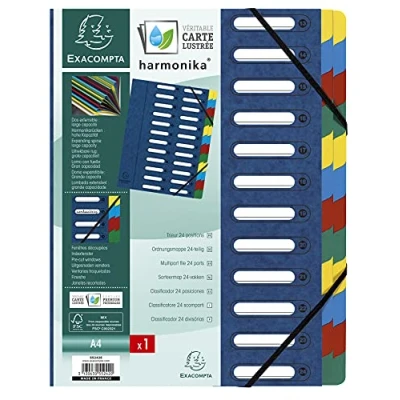Abbildung von Exacompta 55242E Premium Ordnungsmappe Harmonika. Aus extra starkem Colorspan Karton DIN A4 24 Fächer und 2 Gummizüge mit Indexfenster dehnbarem Rücken Register Mappe blau
