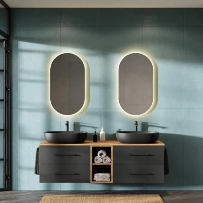 Abbildung von Planetmöbel LUX Badmöbel Set Waschbecken mit Unterschrank 170 cm, 2 Aufsatz 60cm schwarz, Spiegel 50 cm (ohne LED) Waschbeckenunterschrank Gold Eiche/Anthrazit