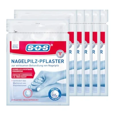 Abbildung von SOS Nagelpilz Pflaster zur intensiven Behandlung einfache Anwendung über Nacht schnelle, sichtbare Ergebnisse praktische auch bei Nagelverfärbungen 6x8