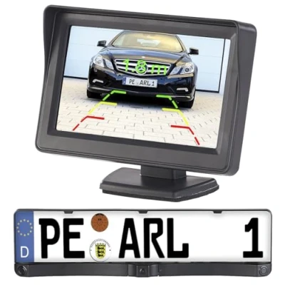 Abbildung von Lescars Rückfahrt Camera: Farb Rückfahrkamera im Nummernschildhalter m. Monitor &amp; Abstandswarner (Rückfahrkamera kabelgebunden, PDC, Ruckfahrkamera)