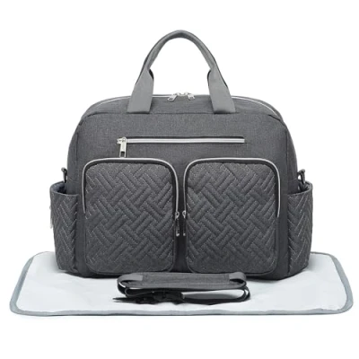 Abbildung von KONO Baby Wickeltasche Weekender Travel Windel Tote für Mama und Papa Convertible Messenger mit isolierten Taschen (große Tasche Wickelauflage dunkelgrau)