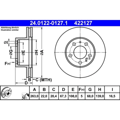 Abbildung von ATE 24.0122 0127.1 Bremsscheibe 263,0 22,0 5 108,0 Belüftet beschichtet VOLVO: 240 Kombi, Limousine