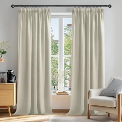 Abbildung von Deconovo Gardinen Verdunkelungsvorhang Kräuselband Schlafzimmer Thermogardine, 229x229cm(HöhexBreite), Hellbeige, 2er Set