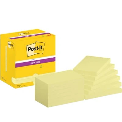 Abbildung von Post it Super Sticky Notes, Packung mit 12 Blöcken, 90 Blatt pro Block, 76mm x 127 mm, Farbe: Gelb Extra stark klebende Notizzettel für Notizen, To Do Listen und Erinnerungen