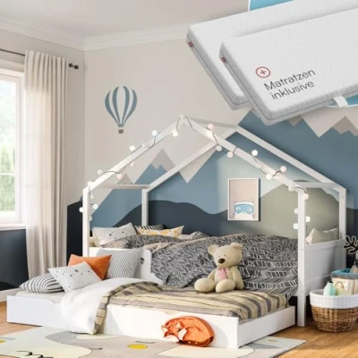 Abbildung von Bellabino Bela Hausbett 90x200 cm für Kinder mit Gästebett &amp; Rausfallschutz, weißes Kinderbett, Kleinkinderbett und Jugendbett aus Kiefer Massivholz inkl. Lattenrost 2 Matratzen