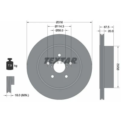 Abbildung von TEXTAR PRO 92227803 Bremsscheibe 316 20 05/07 114,3 innenbelüftet beschichtet ohne Radbefestigungsbolzen, Radnabe SUBARU: Impreza II Limousine