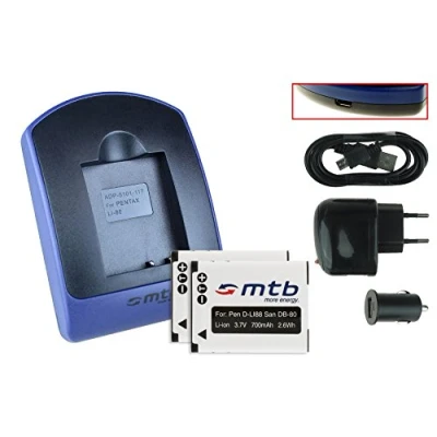 Abbildung von 2 Akkus + Ladegerät (Netz+Kfz+USB) für Pentax D Li88 / Panasonic VW VBX070 Sanyo DB L80 Toshiba PX1686... s. Liste