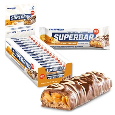 Abbildung von Energybody Superbar Proteinriegel Peanut Caramell 24x 50g / High Protein Riegel 32% Eiweiß 2g Zucker/Eiweißriegel zuckerarm für Low Carb Ernährung/Protein Bars